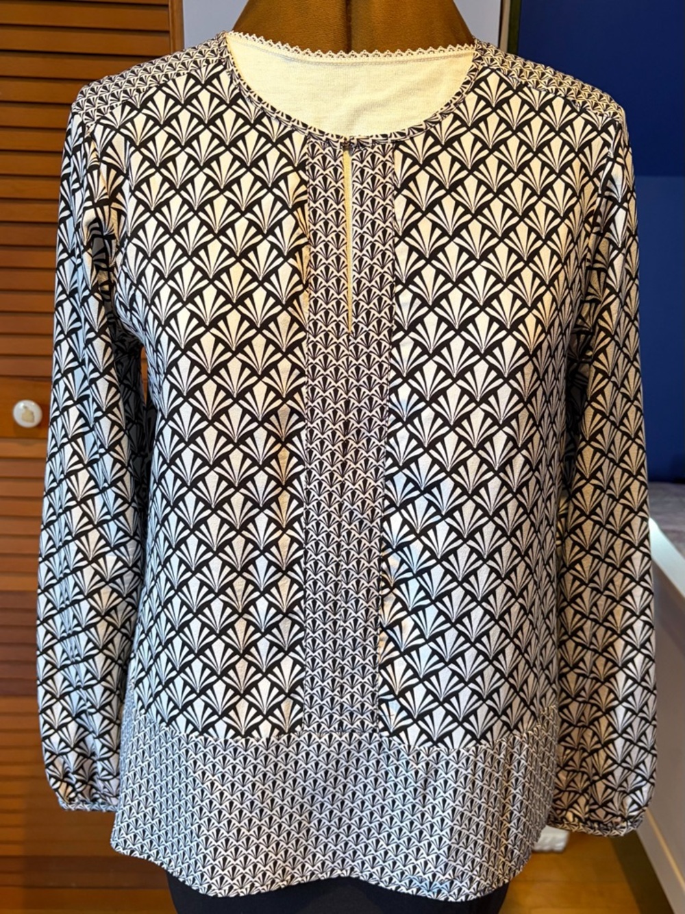ecru Black and White Fan-Print Blouse